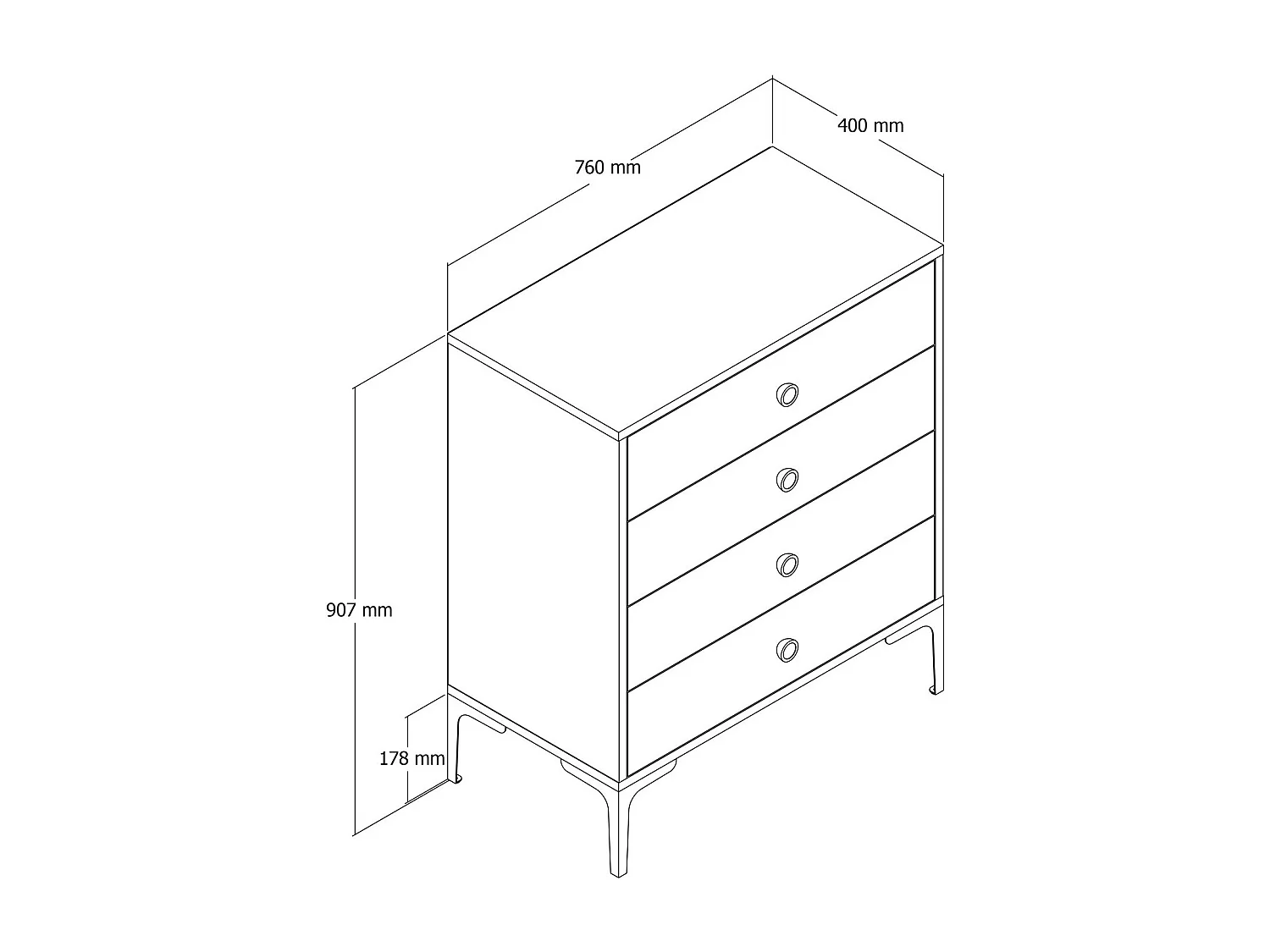 Commode 4 tiroirs Tullio H90,7cm Bois et Noir Effet mabre