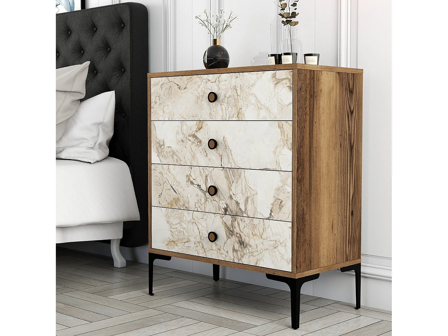 Commode 4 tiroirs Secondo H90,7cm Bois et Blanc effet marbre