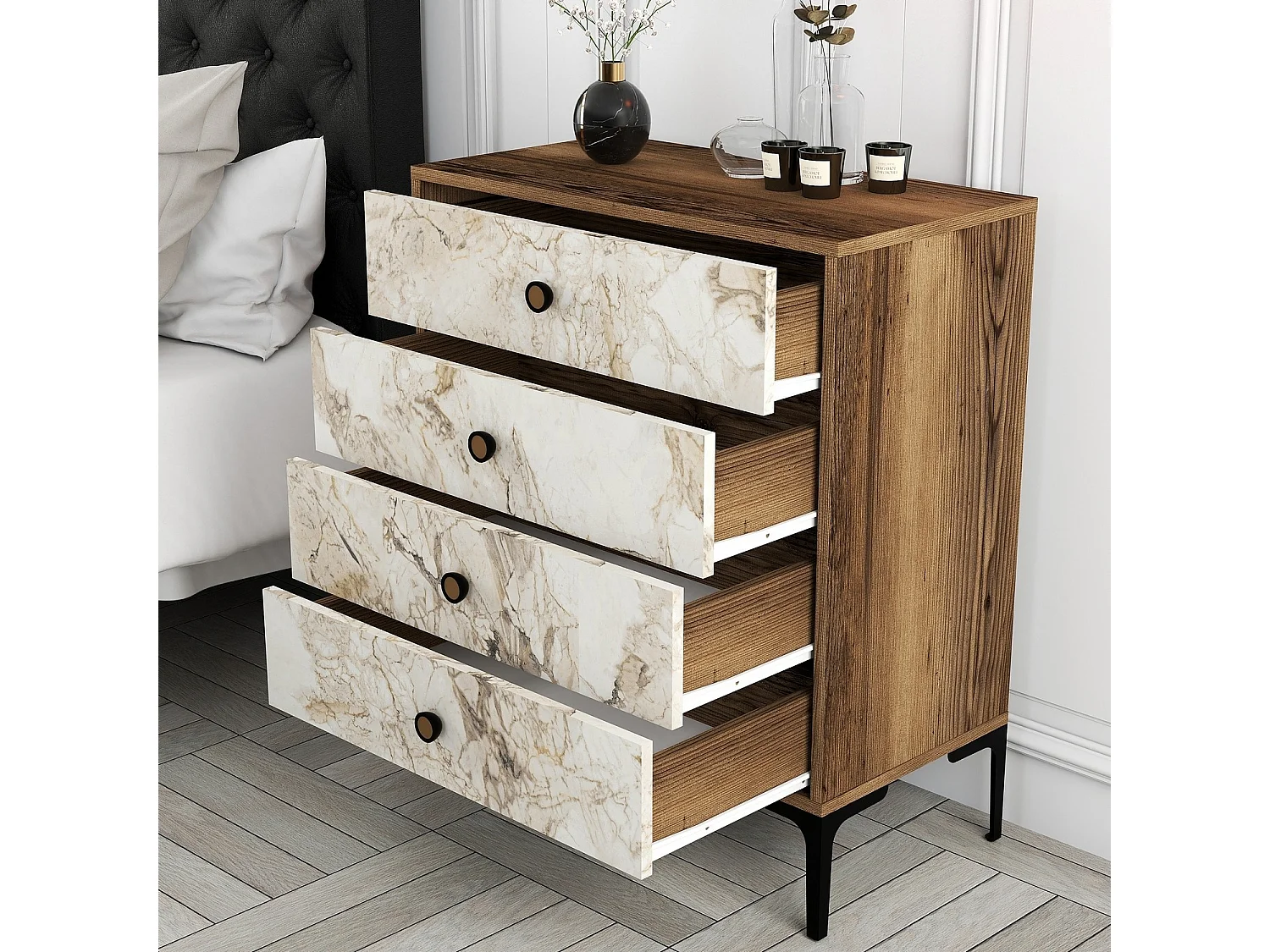 Commode 4 tiroirs Secondo H90,7cm Bois et Blanc effet marbre