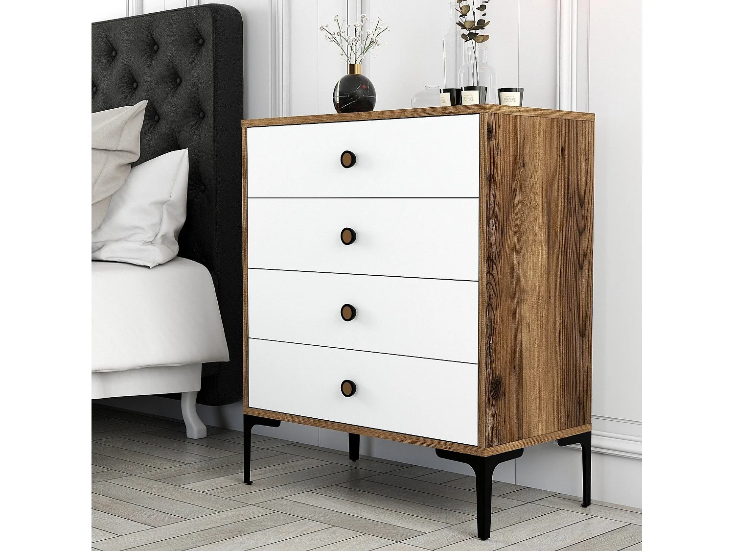Commode 4 tiroirs Secondo H90,7cm Bois et Blanc