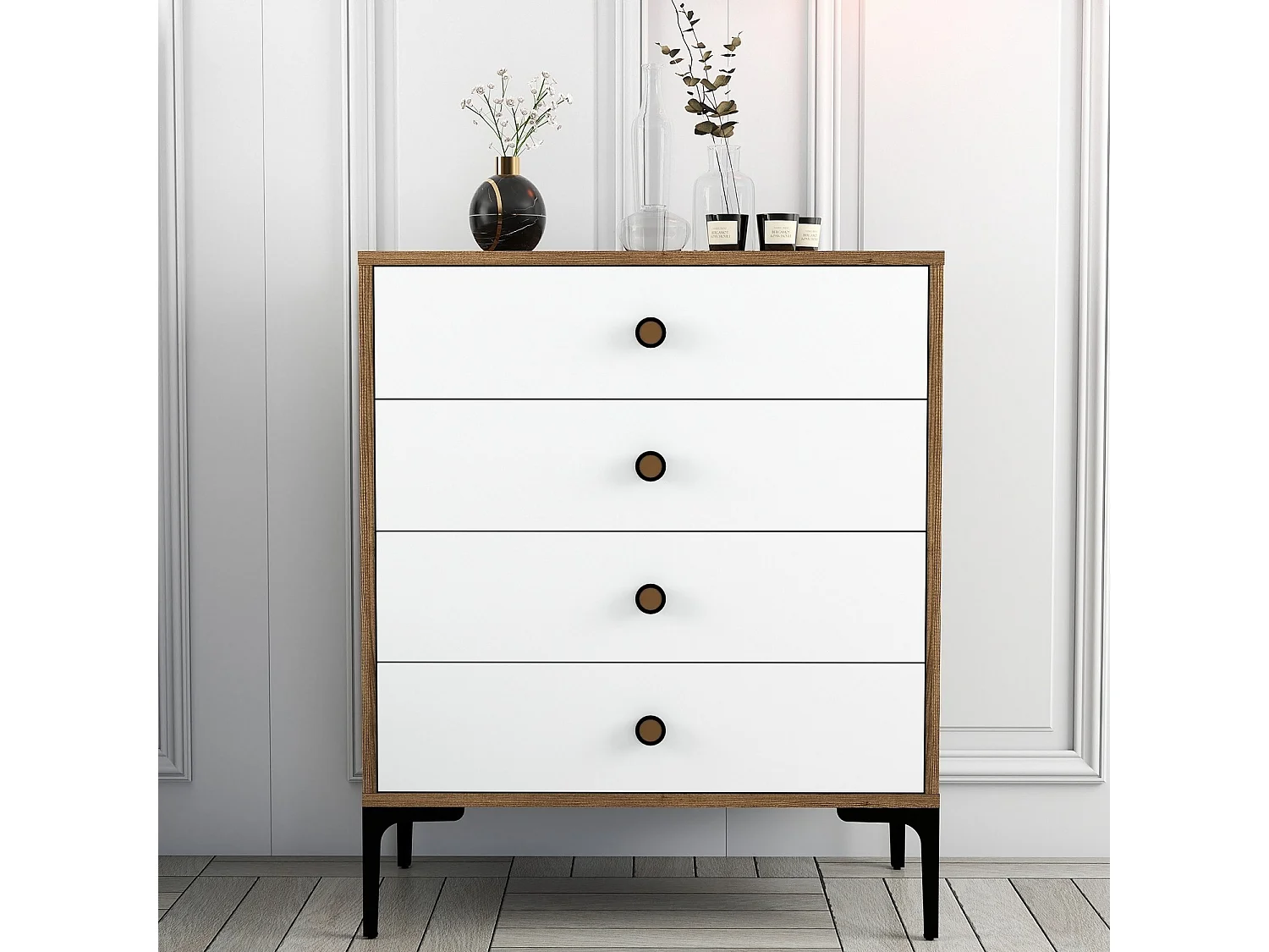 Commode 4 tiroirs Secondo H90,7cm Bois et Blanc