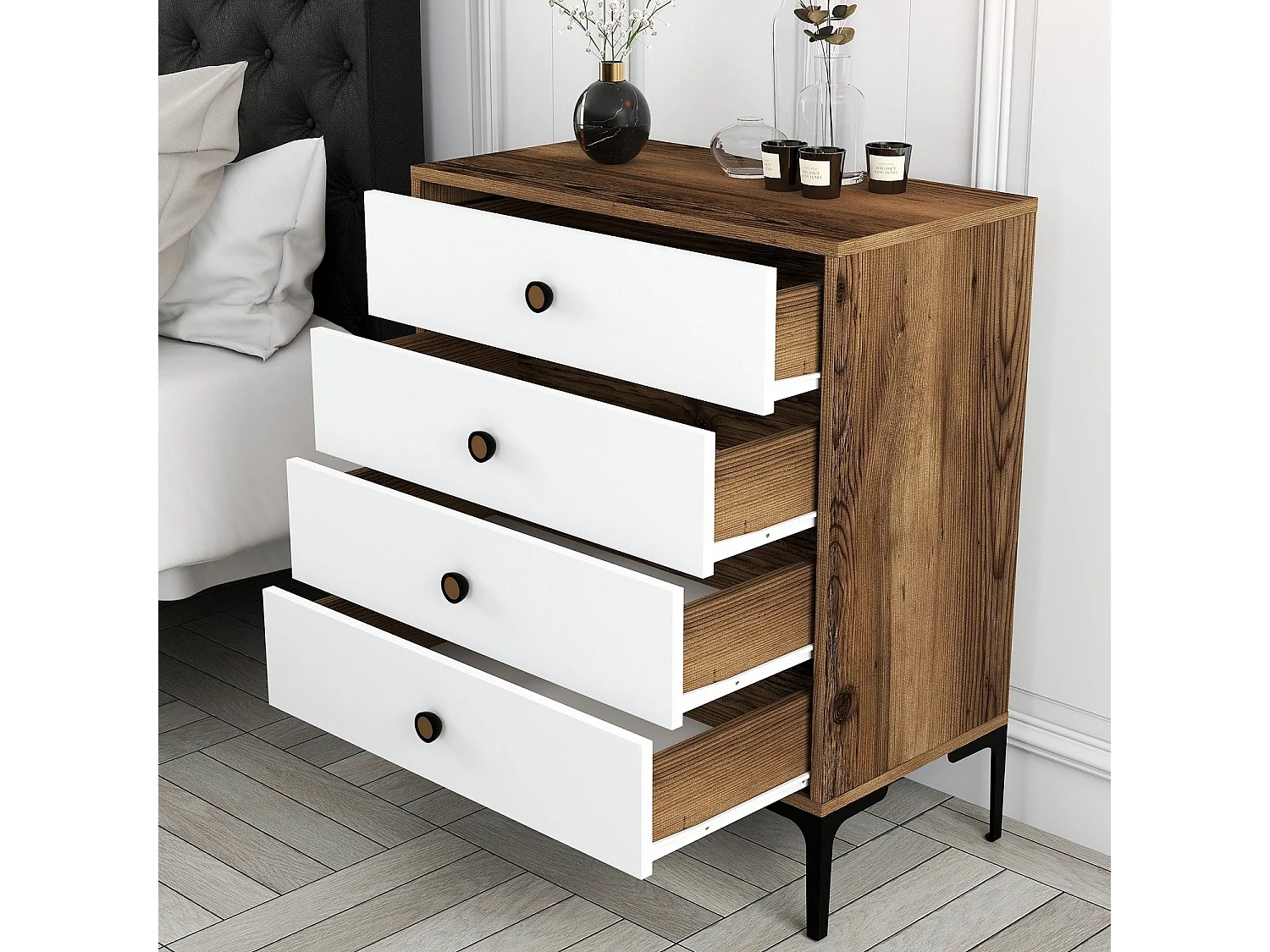 Commode 4 tiroirs Secondo H90,7cm Bois et Blanc