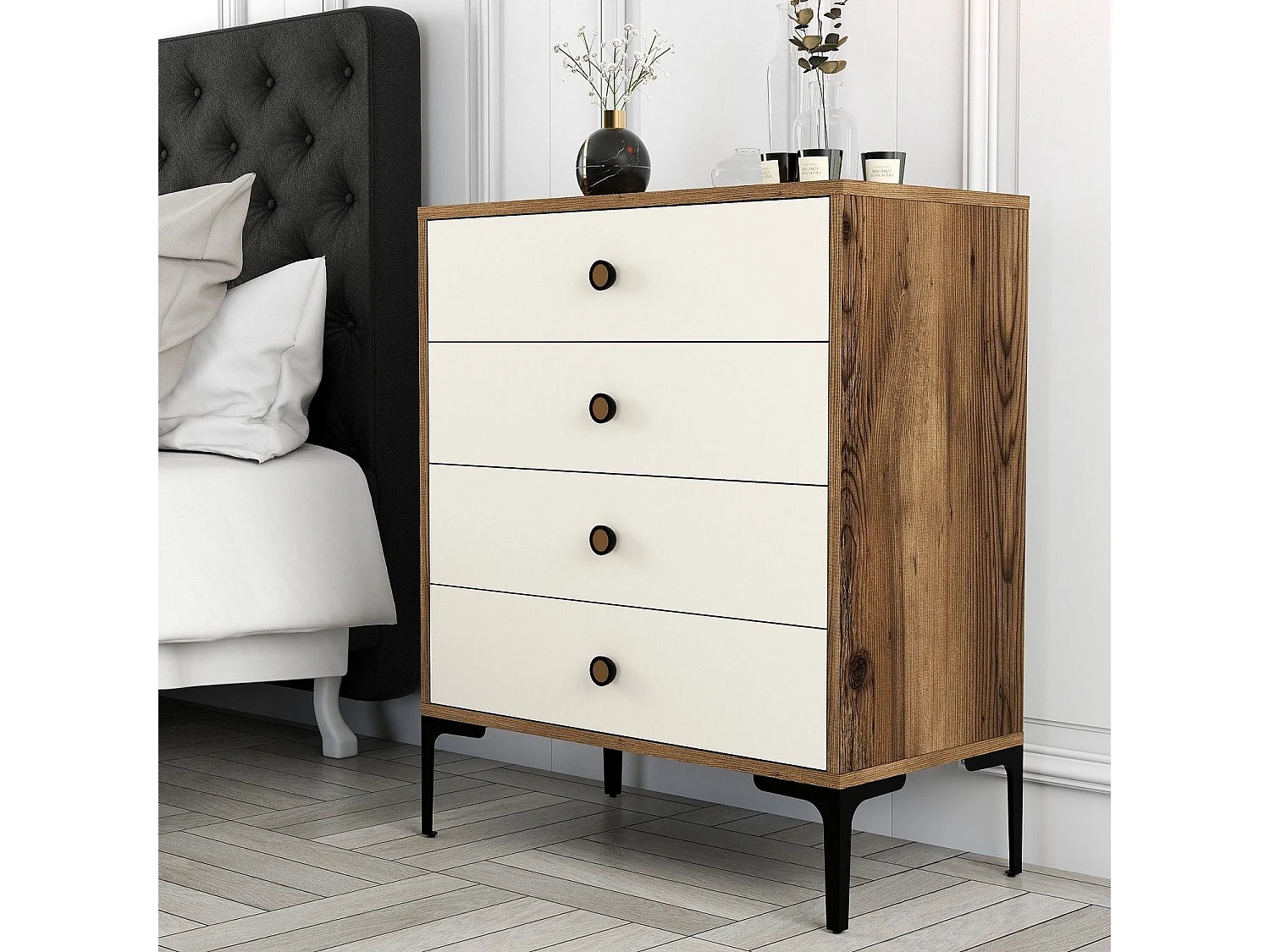 Commode 4 tiroirs Tullio H90,7cm Bois et Blanc crème