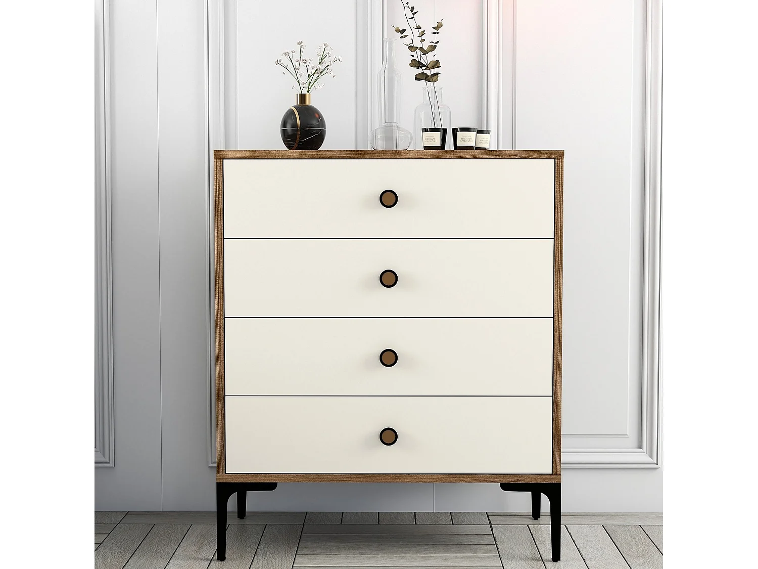 Commode 4 tiroirs Tullio H90,7cm Bois et Blanc crème