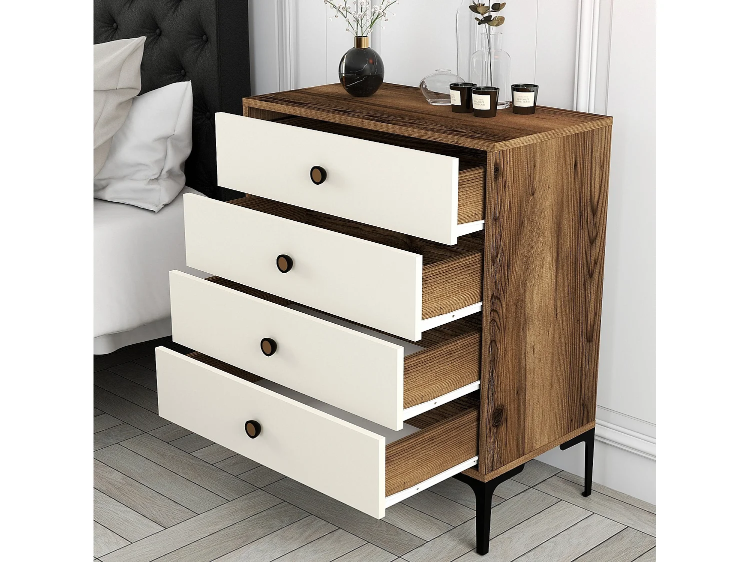 Commode 4 tiroirs Tullio H90,7cm Bois et Blanc crème