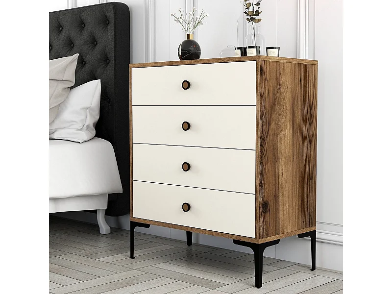 Commode 4 tiroirs Tullio H90,7cm Bois et Blanc crème