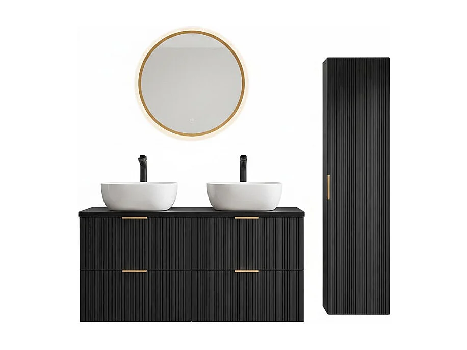 Grand meuble sous vasque NOXERA 120 cm – Noir mat – 2 vasques + miroir LED + colonne