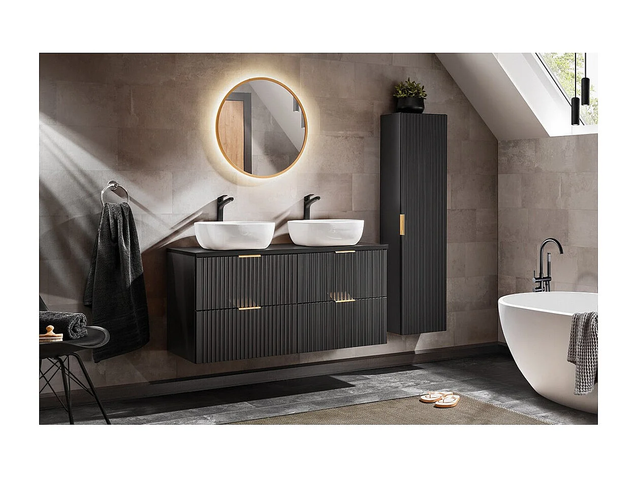 Grand meuble sous vasque NOXERA 120 cm – Noir mat – 2 vasques + miroir LED + colonne