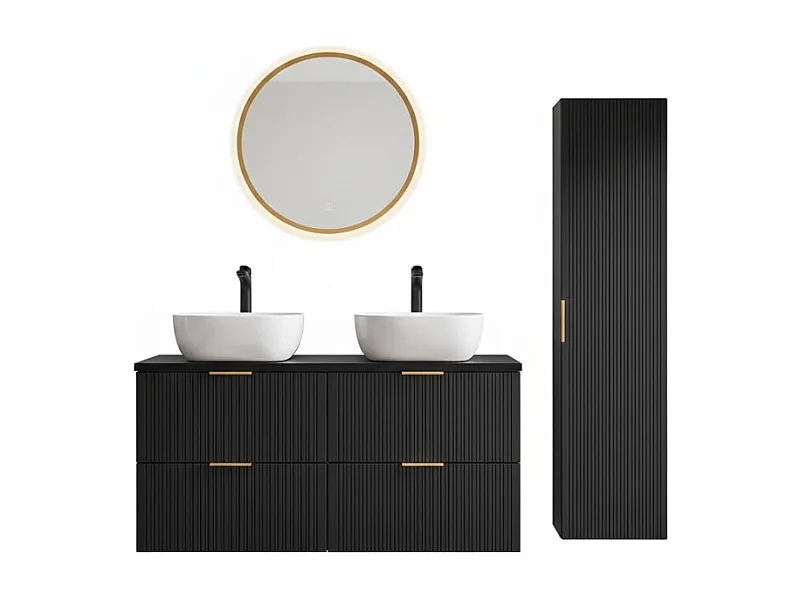 Grand meuble sous vasque NOXERA 120 cm – Noir mat – 2 vasques + miroir LED + colonne