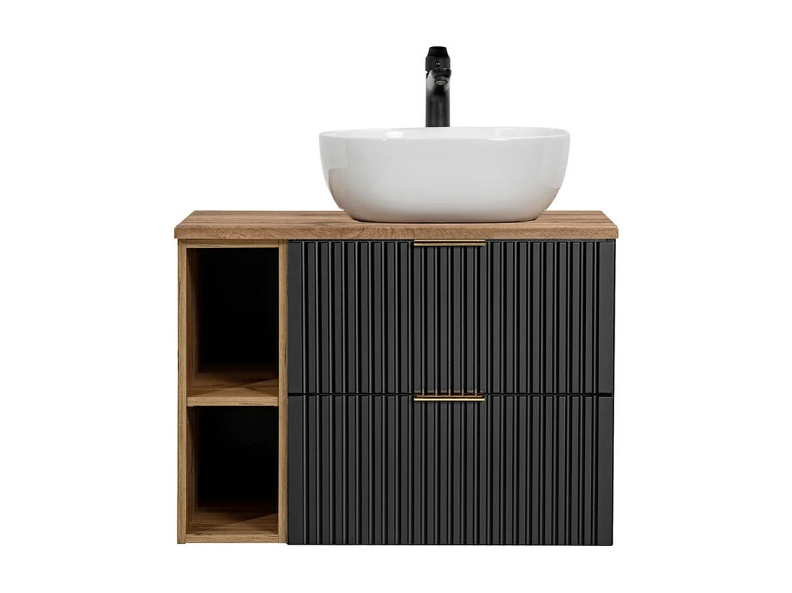 Ensemble meuble sous vasque NOXERA 80 cm – Noir mat et chêne – 2 tiroirs + 2 niches + vasque