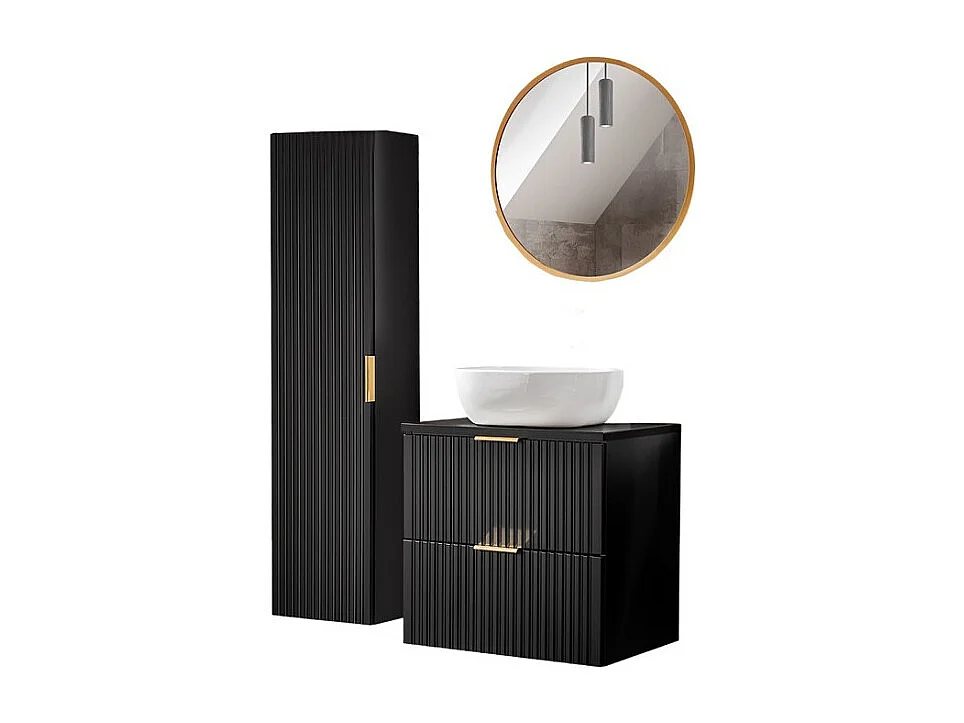 Meuble sous vasque NOXERA 60 cm – Noir mat – Vasque + miroir LED + colonne suspendue