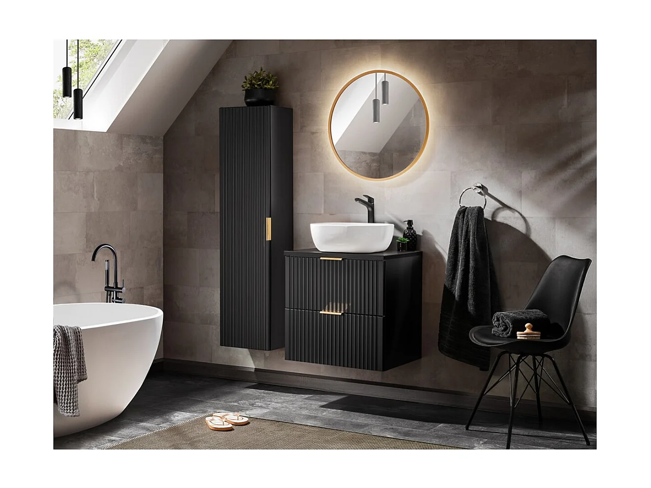 Meuble sous vasque NOXERA 60 cm – Noir mat – Vasque + miroir LED + colonne suspendue