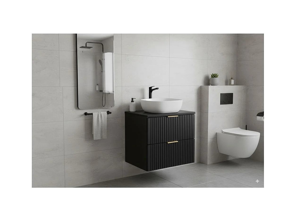 Meuble sous vasque NOXERA 60 cm – Noir mat – 2 tiroirs + plan vasque + vasque