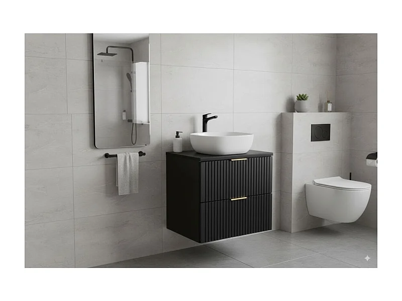 Meuble sous vasque NOXERA 60 cm – Noir mat – 2 tiroirs + plan vasque + vasque