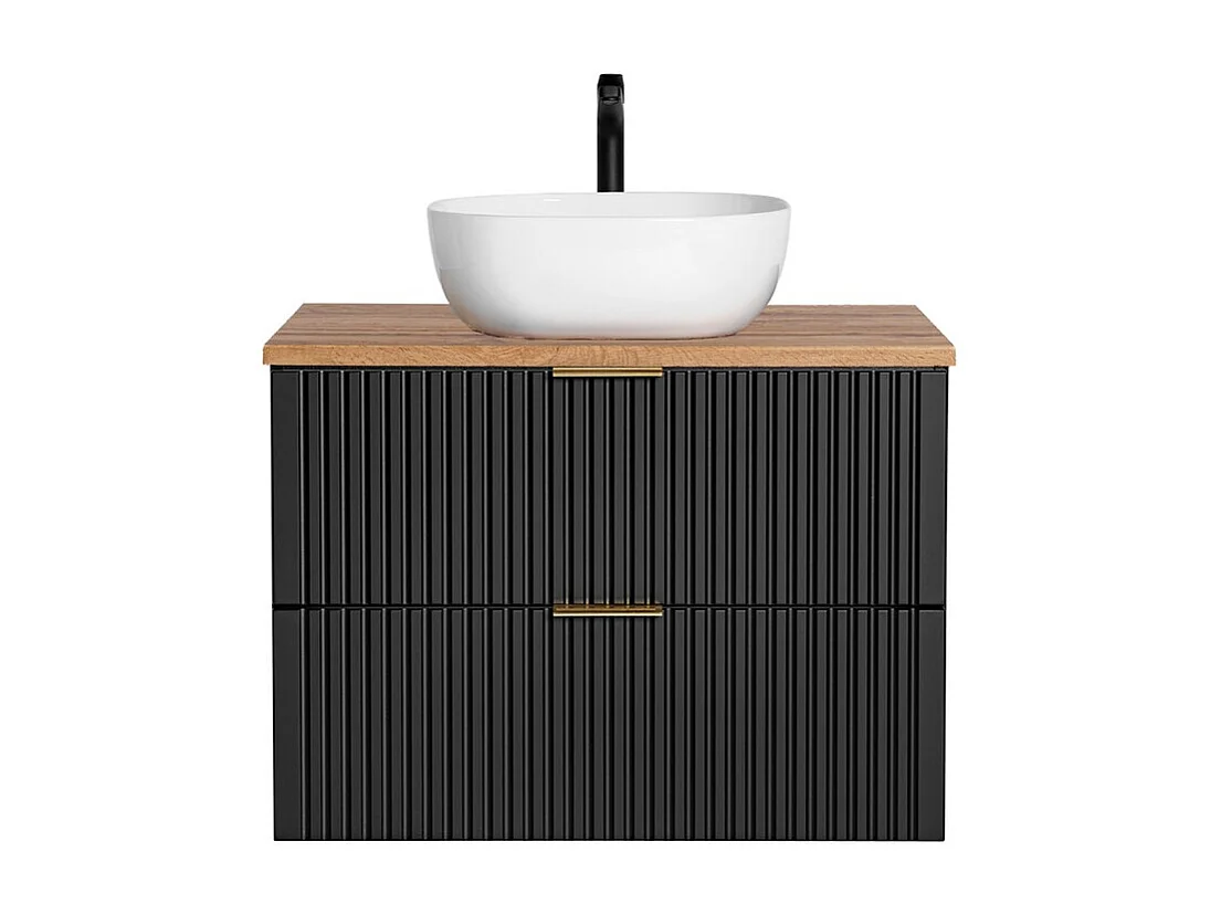 Ensemble meuble sous vasque NOXERA 80 cm – Noir mat et chêne – 2 tiroirs + 2 niches + vasque