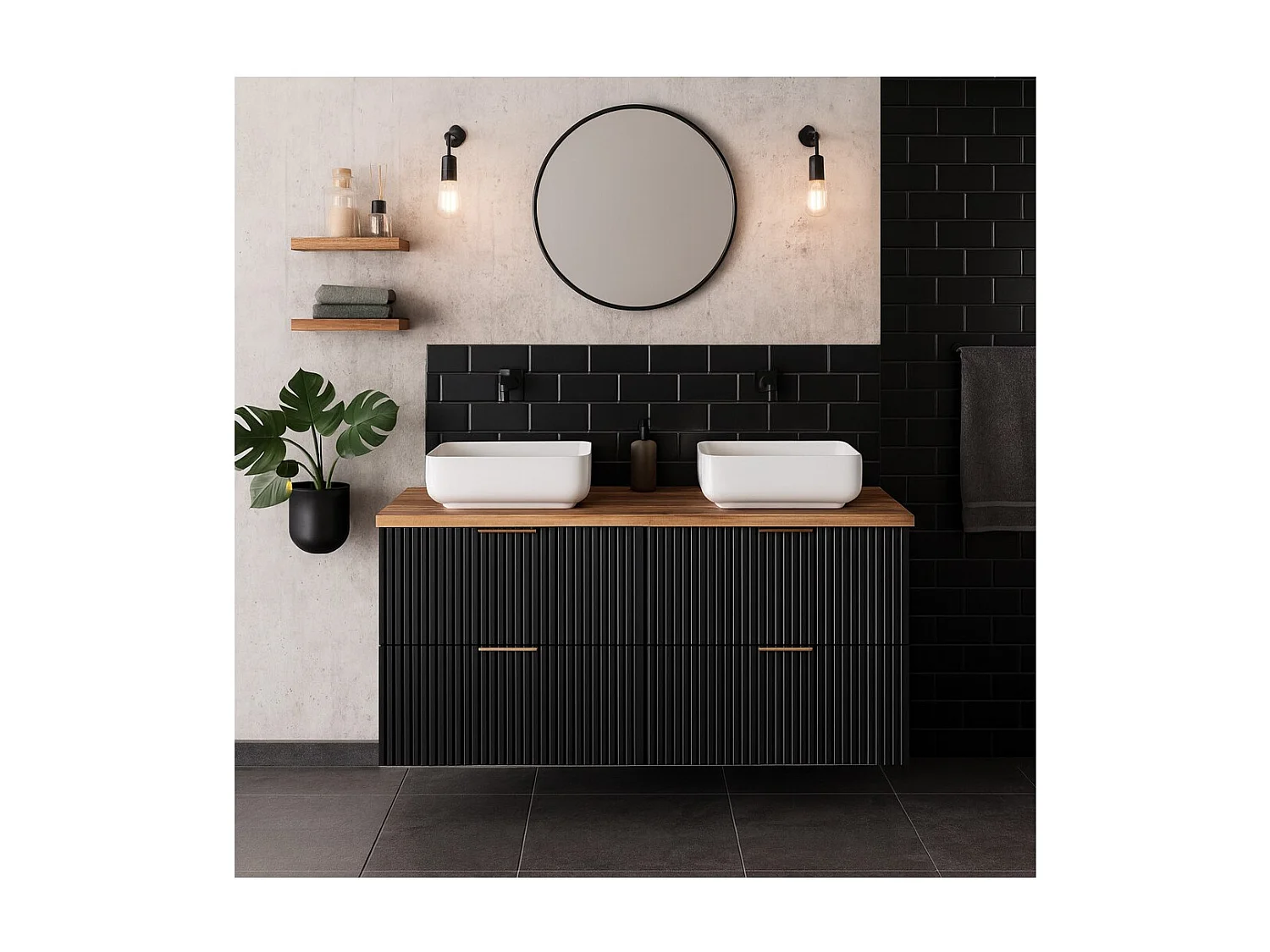 Ensemble meuble sous vasque NOXERA 120 cm – Noir mat et chêne – 2 meubles + plan vasque