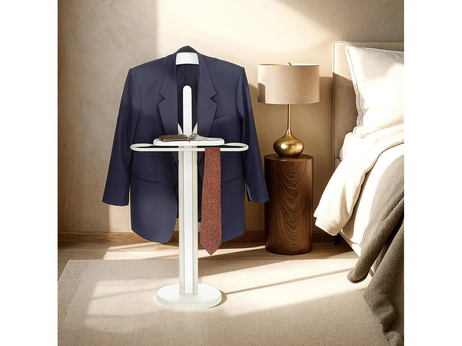 Valet de chambre FABIO en métal couleur beige et blanc chevalet de nuit portant pour vêtements structure en aluminium