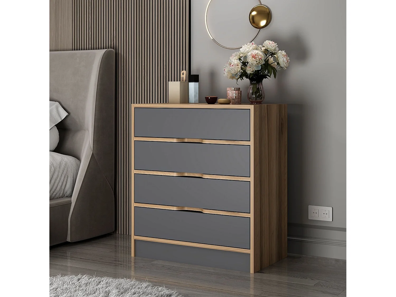 Cassettiera Kailua J101, Noce|Antracite, Con cassetti, Numero di cassetti: 4.00, 79x70cm