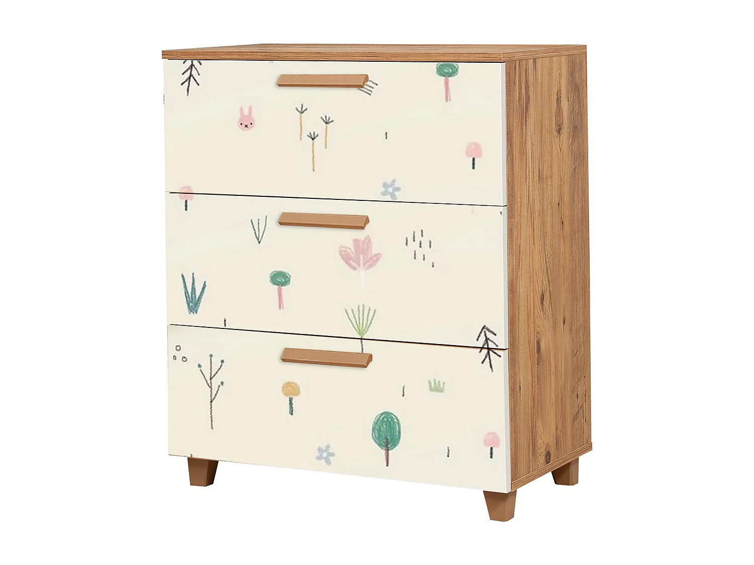 Commode 3 tiroirs Perth L80xH95cm Bois Motif Dessin enfantin d'arbre sur fond Blanc