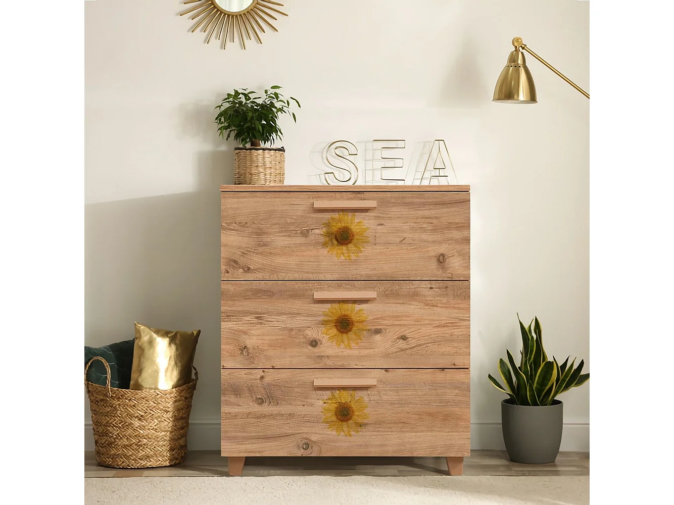 Commode 3 tiroirs Perth L80xH95cm Bois Motif Fleurs Jaune