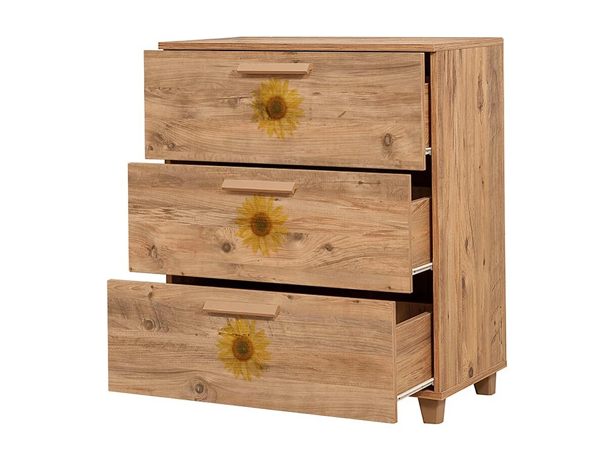 Commode 3 tiroirs Perth L80xH95cm Bois Motif Fleurs Jaune