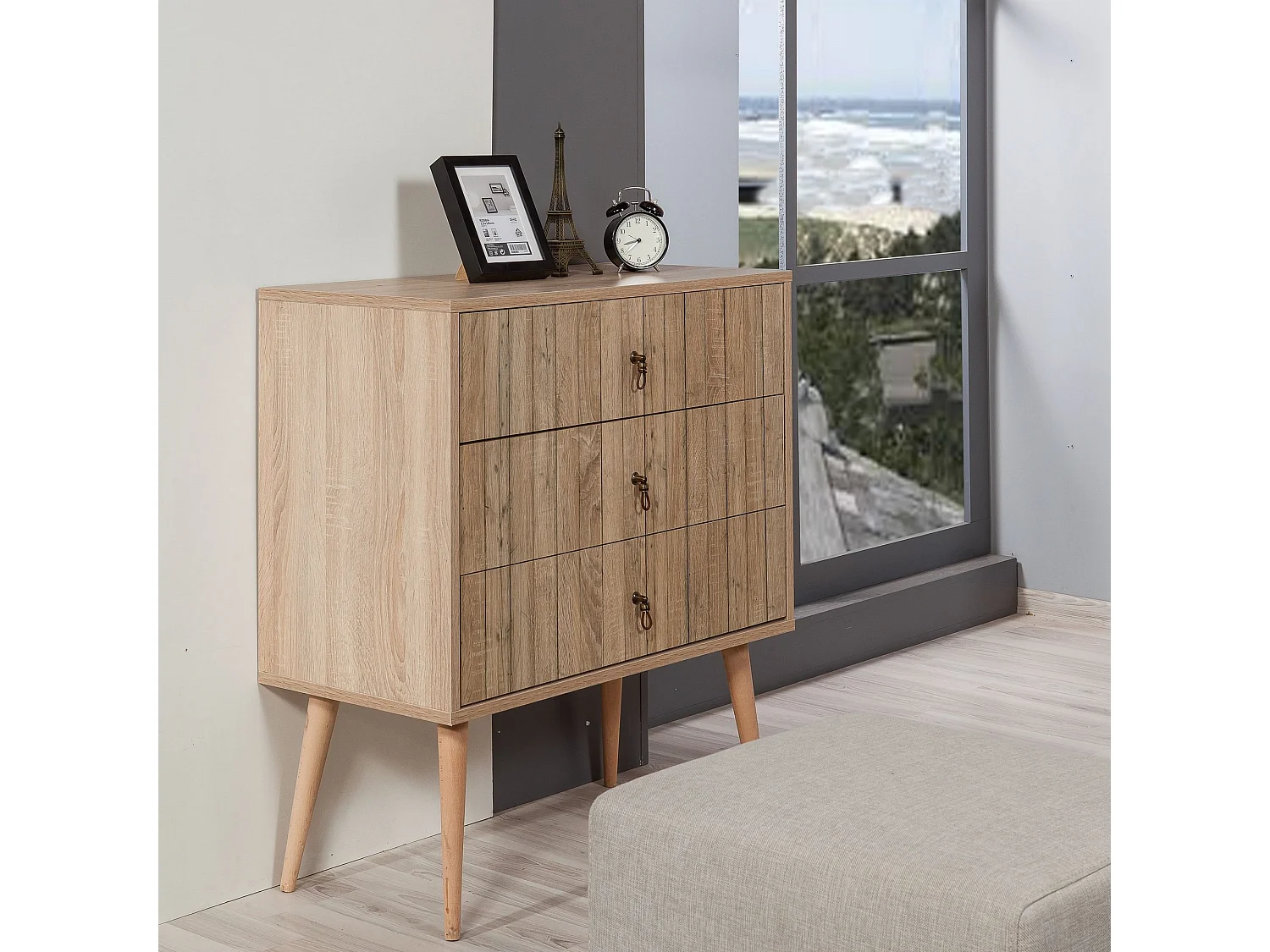 Commode 3 tiroirs Irnila L80cm Bois clair Motif Bandes