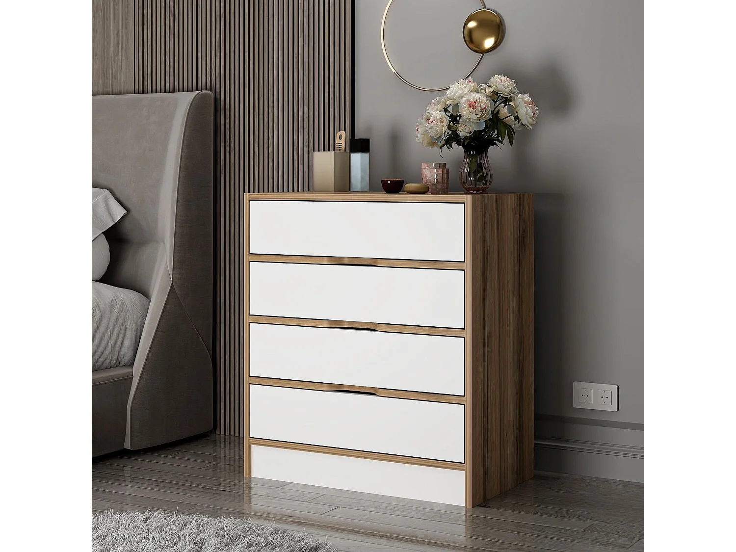 Cassettiera Kailua J101, Noce|Bianco, Con cassetti, Numero di cassetti: 4.00, 79x70x40cm