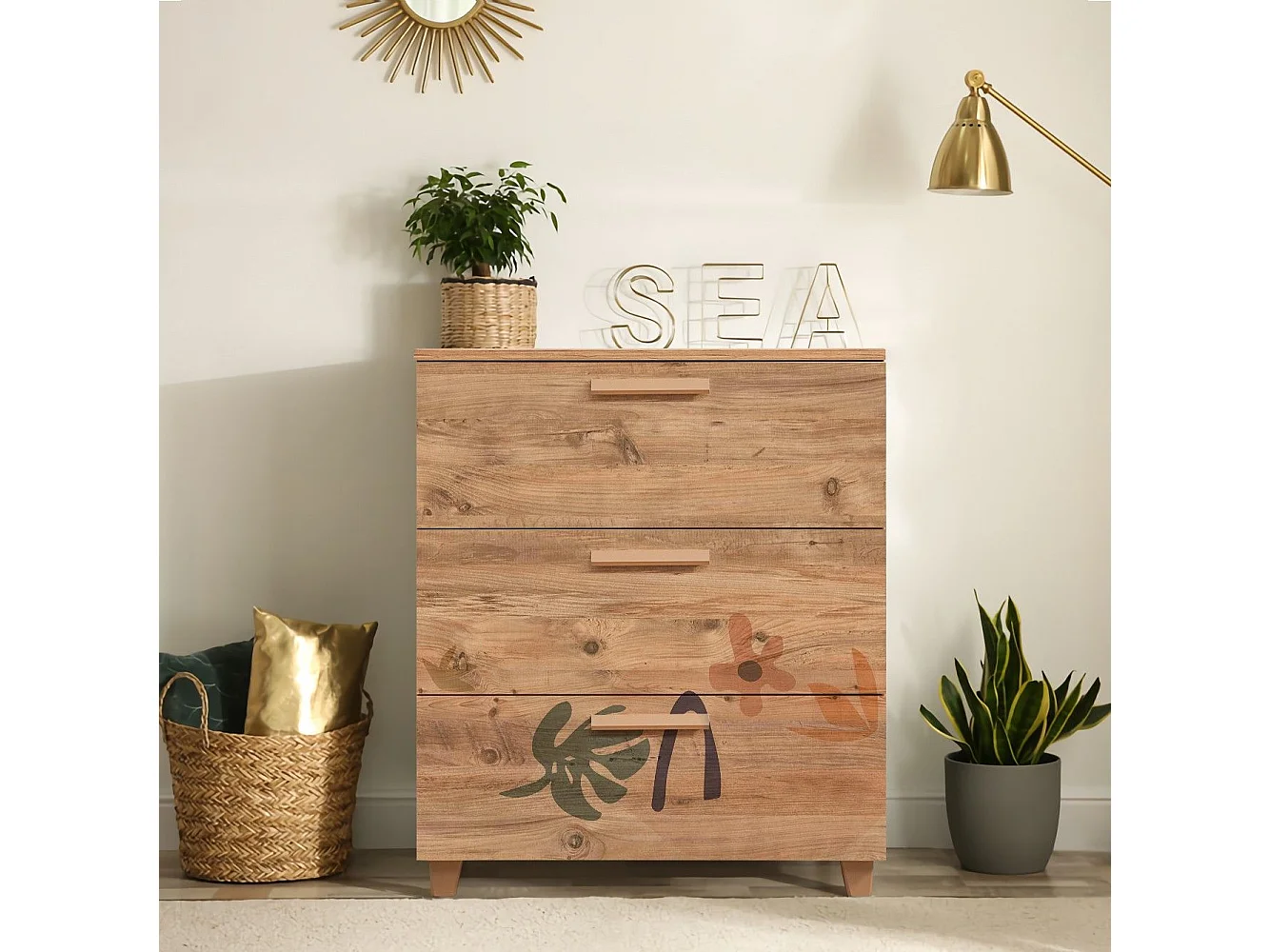 Commode 3 tiroirs Perth L80xH95cm Bois Motif Abstrait Feuille et fleur