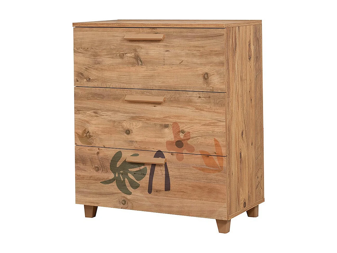 Commode 3 tiroirs Perth L80xH95cm Bois Motif Abstrait Feuille et fleur