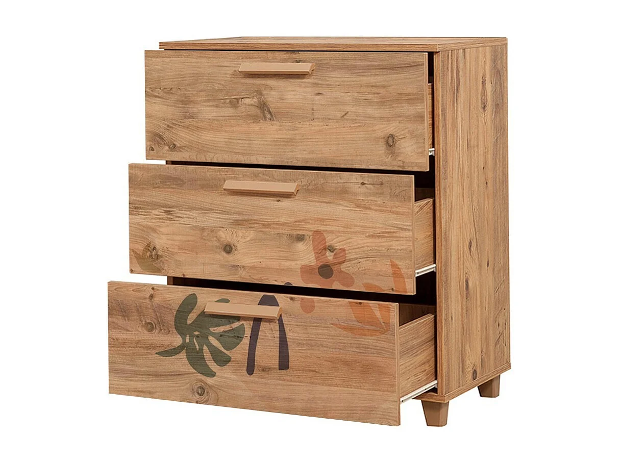Commode 3 tiroirs Perth L80xH95cm Bois Motif Abstrait Feuille et fleur