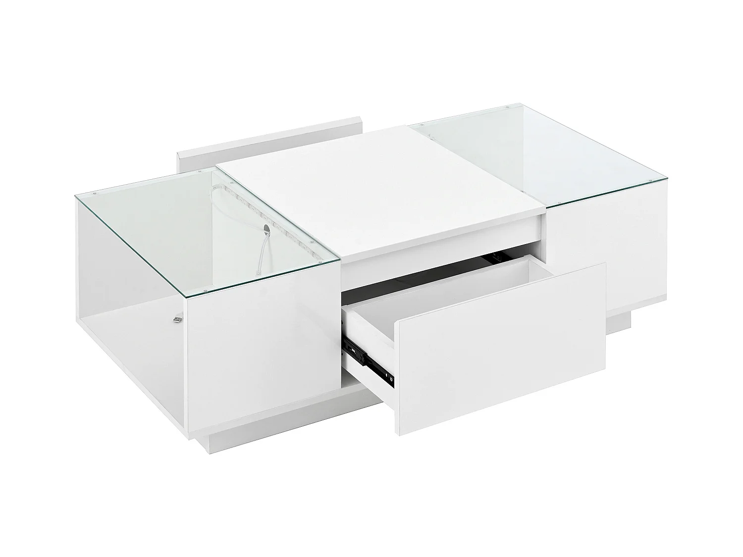 Table basse blanche avec 2 tiroirs, éclairage LED et plateau en verre 105x50x35cm