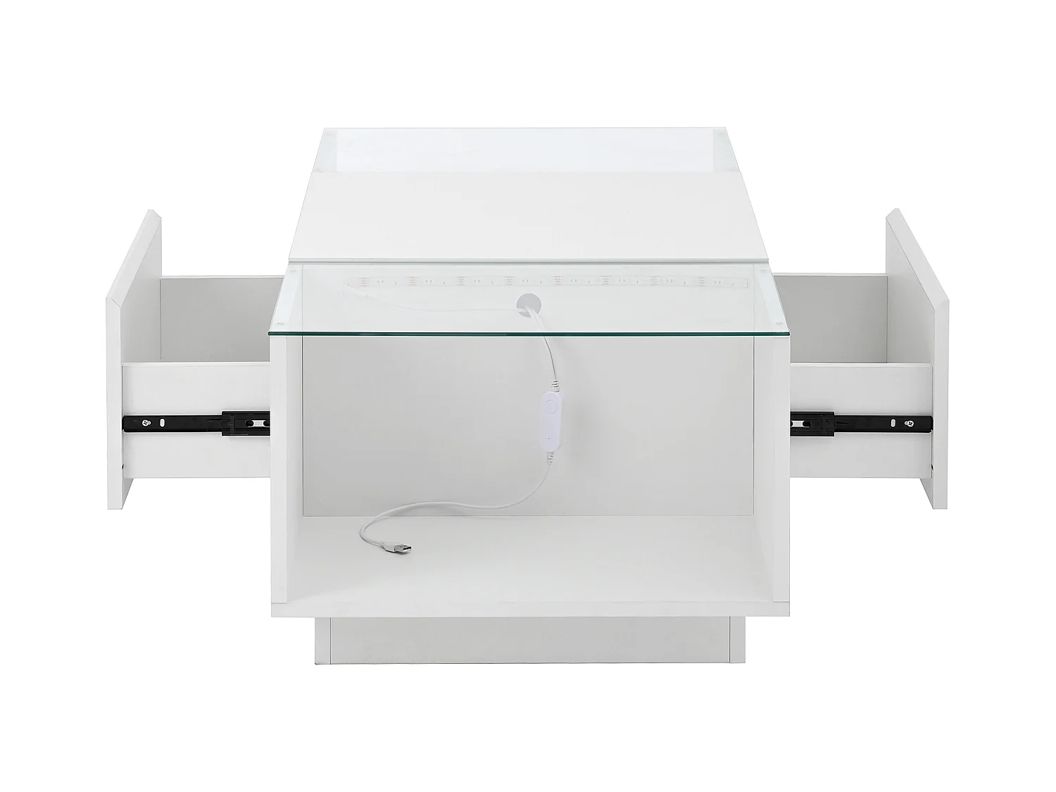 Table basse blanche avec 2 tiroirs, éclairage LED et plateau en verre 105x50x35cm
