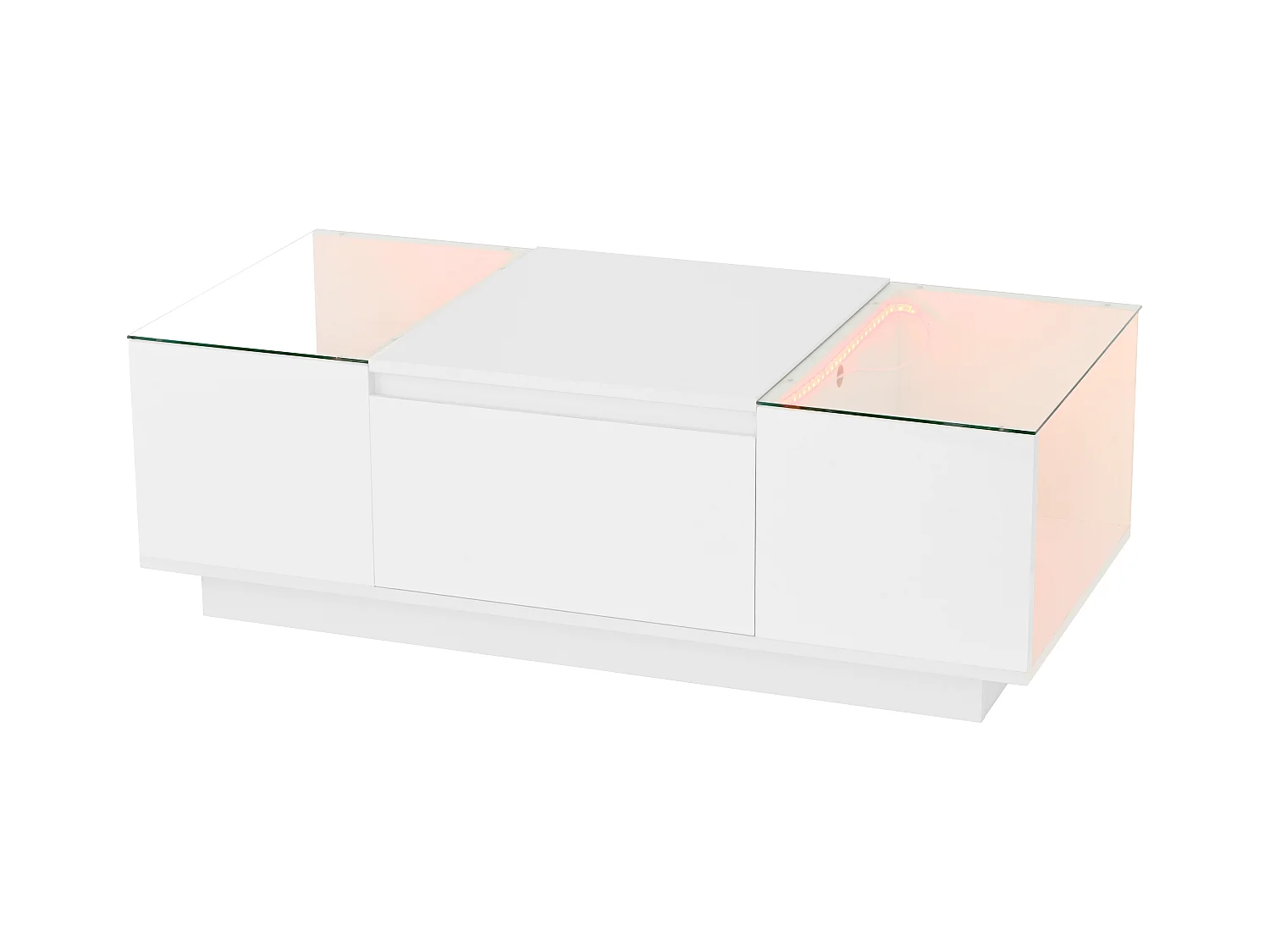 Table basse blanche avec 2 tiroirs, éclairage LED et plateau en verre 105x50x35cm