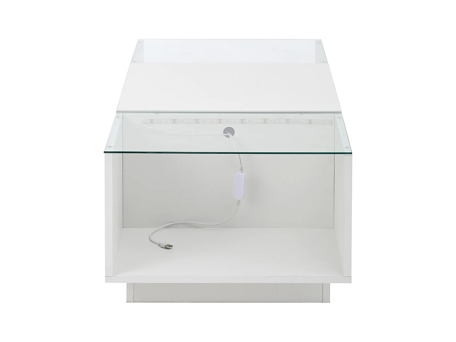 Table basse blanche avec 2 tiroirs, éclairage LED et plateau en verre 105x50x35cm