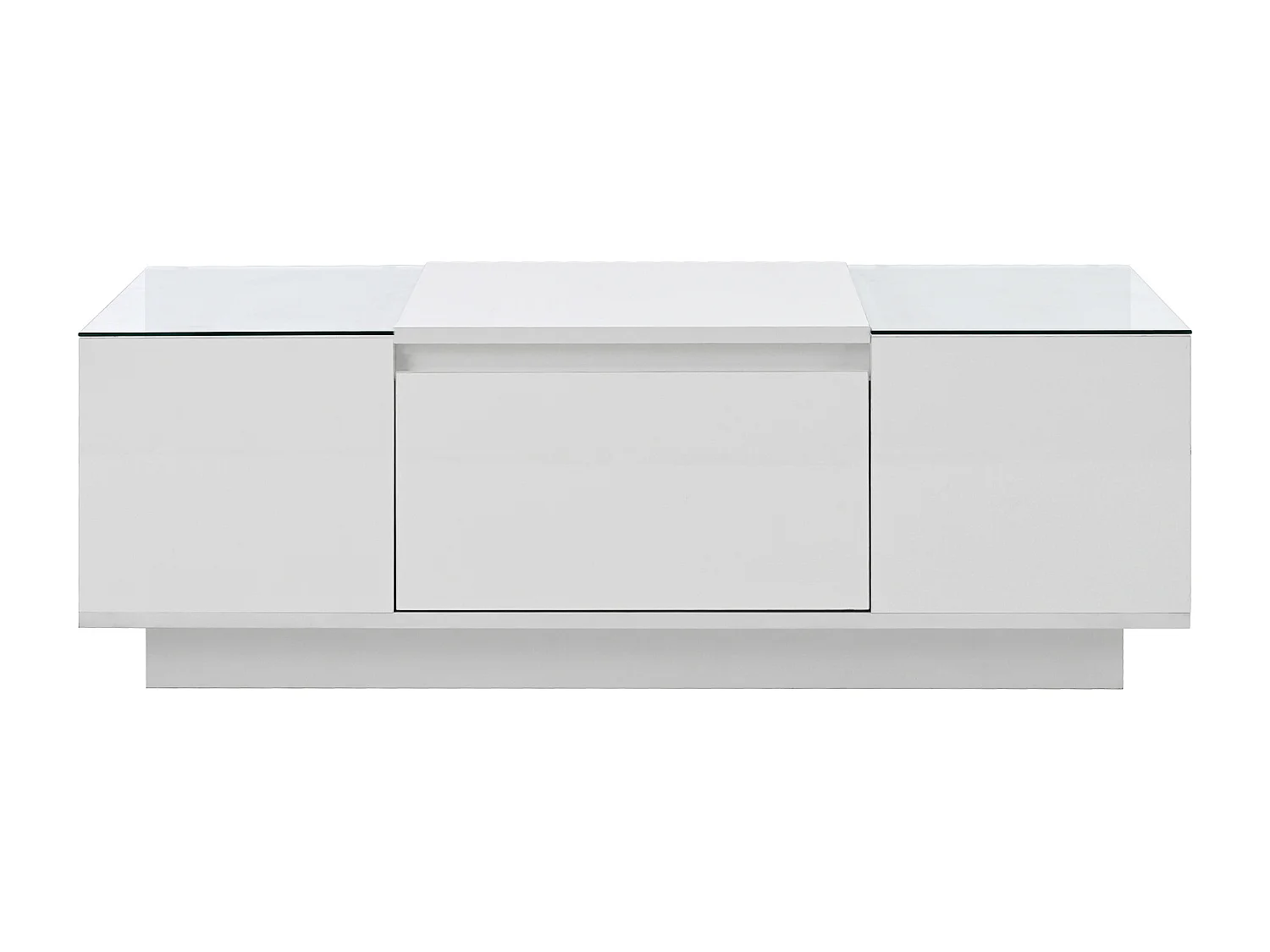 Table basse blanche avec 2 tiroirs, éclairage LED et plateau en verre 105x50x35cm