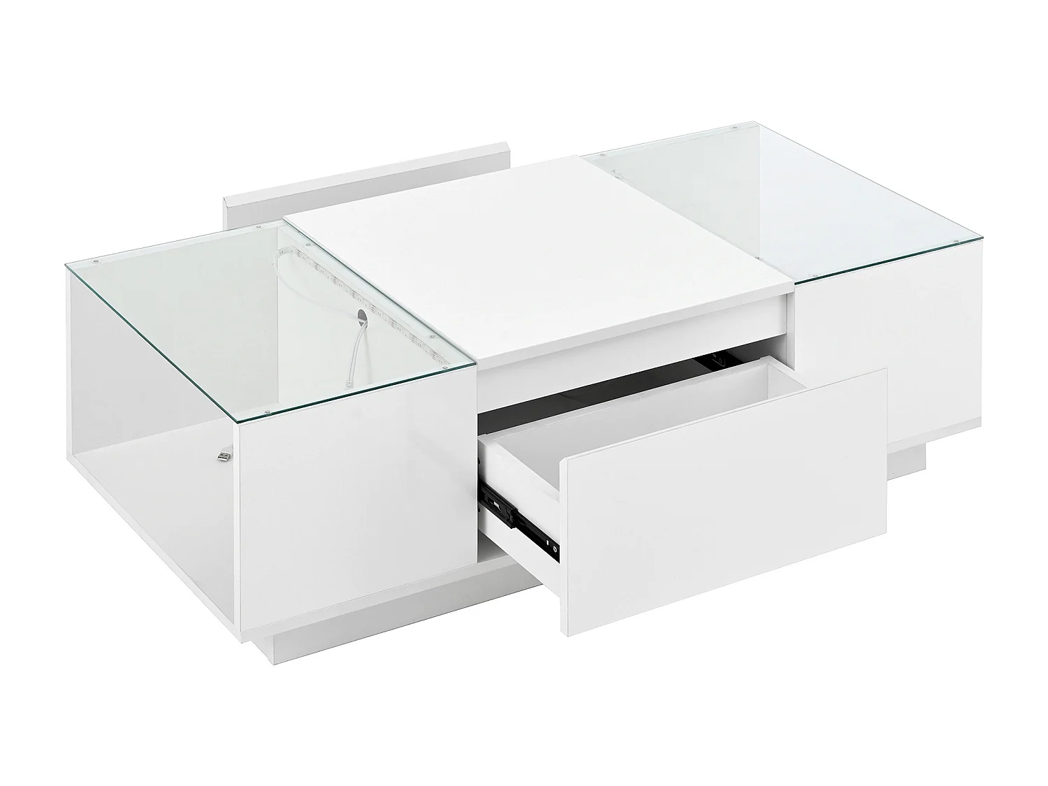 Table basse blanche avec 2 tiroirs, éclairage LED et plateau en verre 105x50x35cm