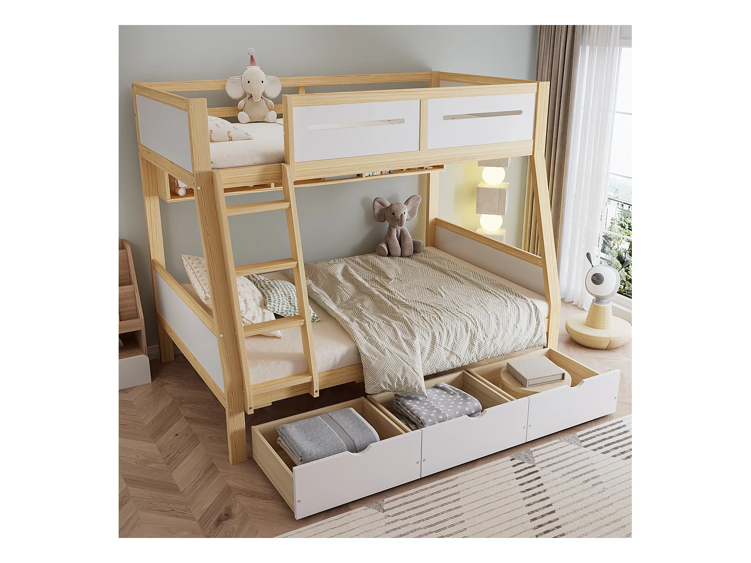 Lit superposé enfant blanc et naturel 90x200cm et 120x200cm avec 3 tiroirs sur roulettes, barrière de sécurité et échelle (sans matelas)