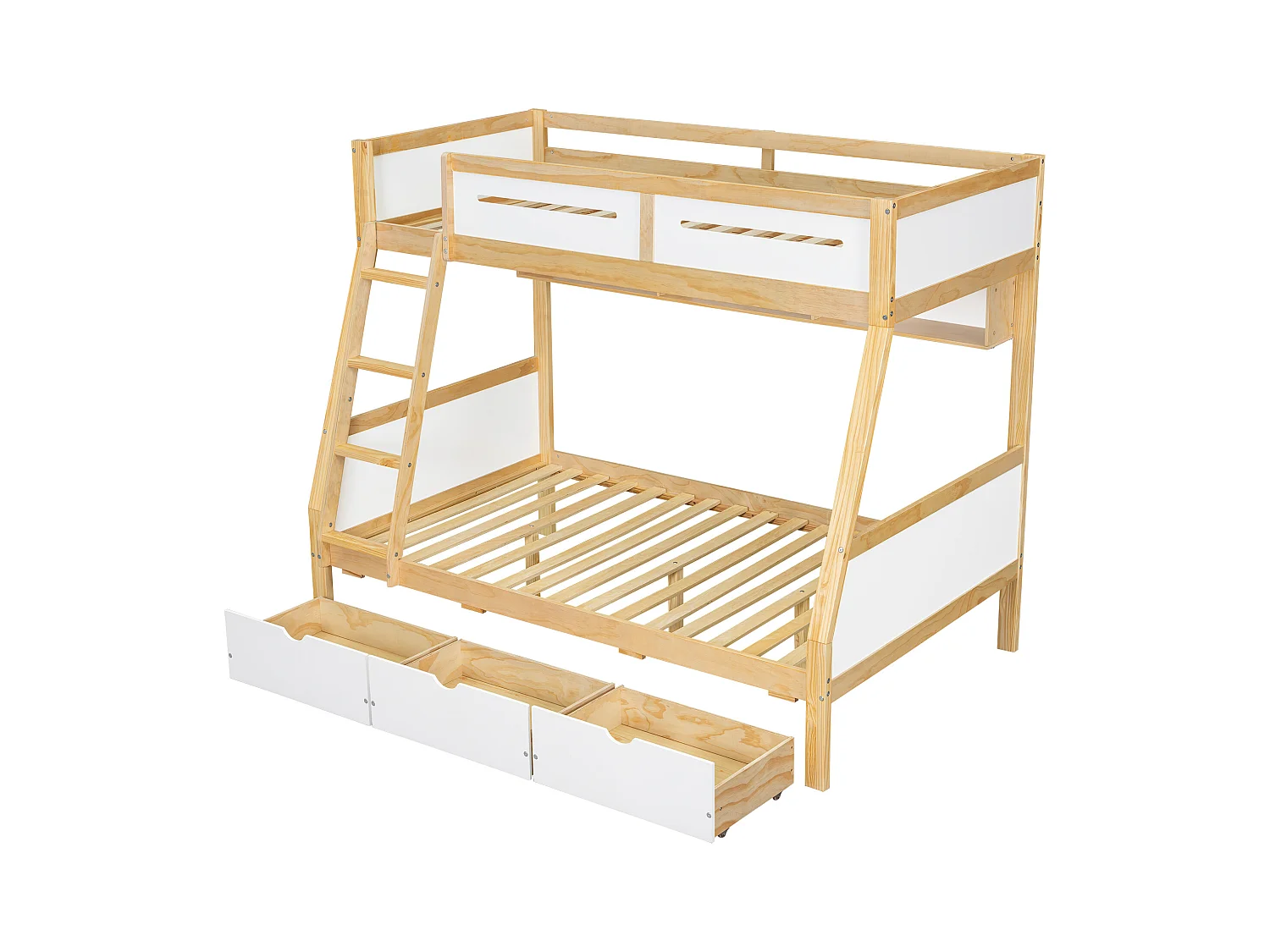 Lit superposé enfant blanc et naturel 90x200cm et 120x200cm avec 3 tiroirs sur roulettes, barrière de sécurité et échelle (sans matelas)