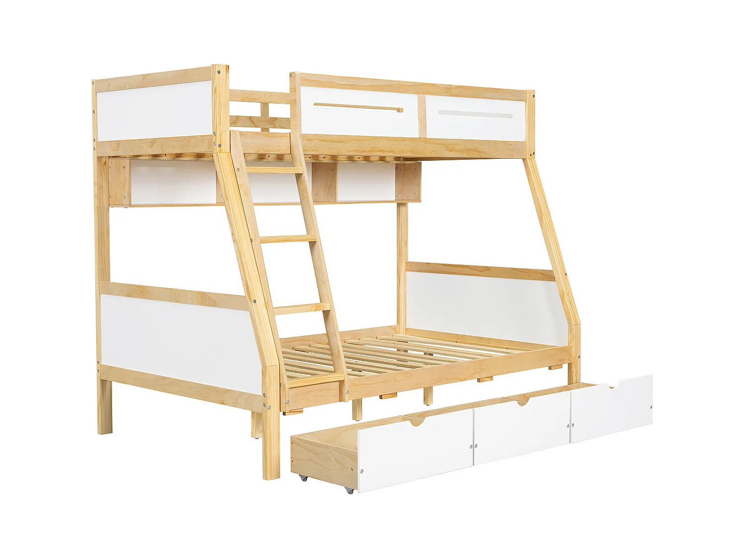 Lit superposé enfant blanc et naturel 90x200cm et 120x200cm avec 3 tiroirs sur roulettes, barrière de sécurité et échelle (sans matelas)