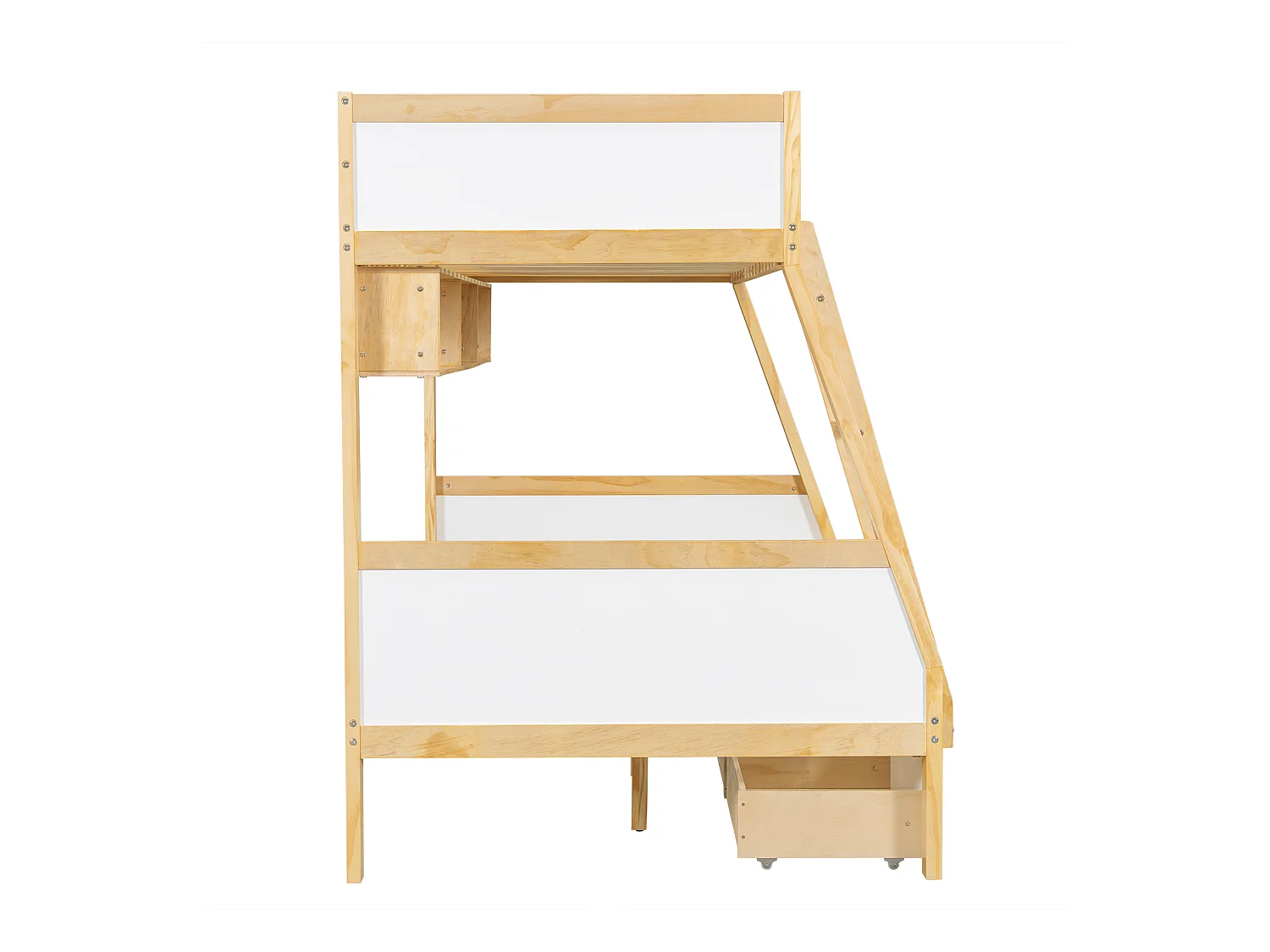 Lit superposé enfant blanc et naturel 90x200cm et 120x200cm avec 3 tiroirs sur roulettes, barrière de sécurité et échelle (sans matelas)