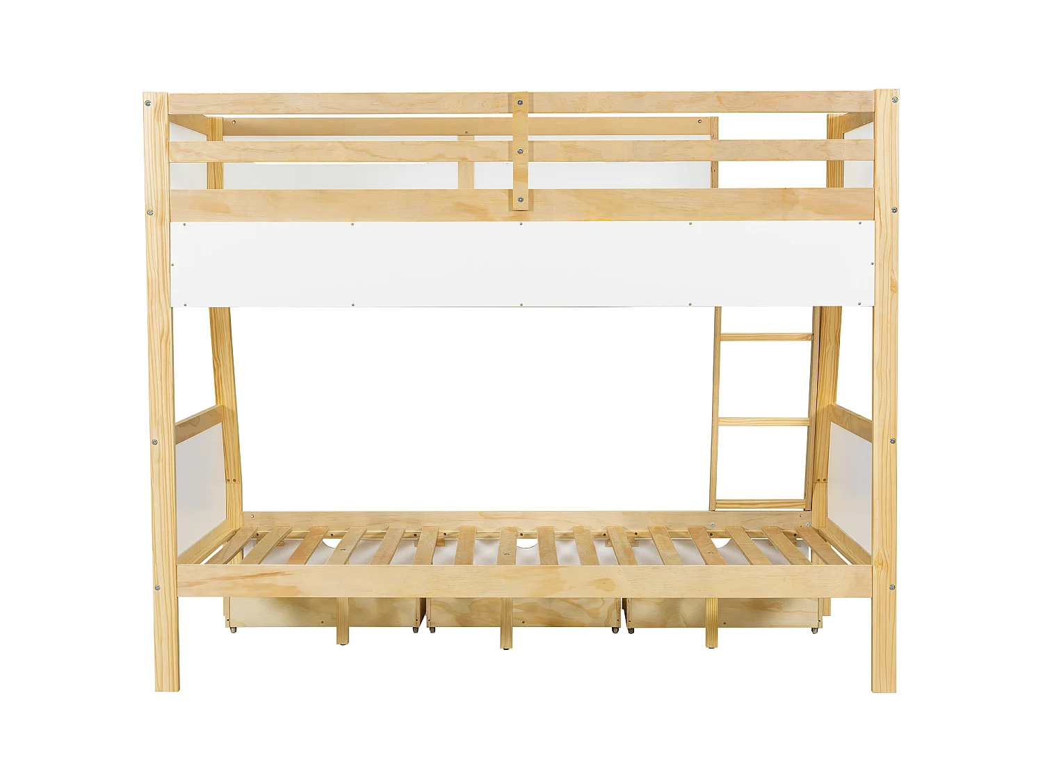 Lit superposé enfant blanc et naturel 90x200cm et 120x200cm avec 3 tiroirs sur roulettes, barrière de sécurité et échelle (sans matelas)