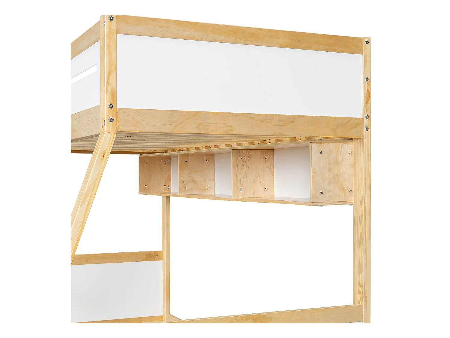 Lit superposé enfant blanc et naturel 90x200cm et 120x200cm avec 3 tiroirs sur roulettes, barrière de sécurité et échelle (sans matelas)