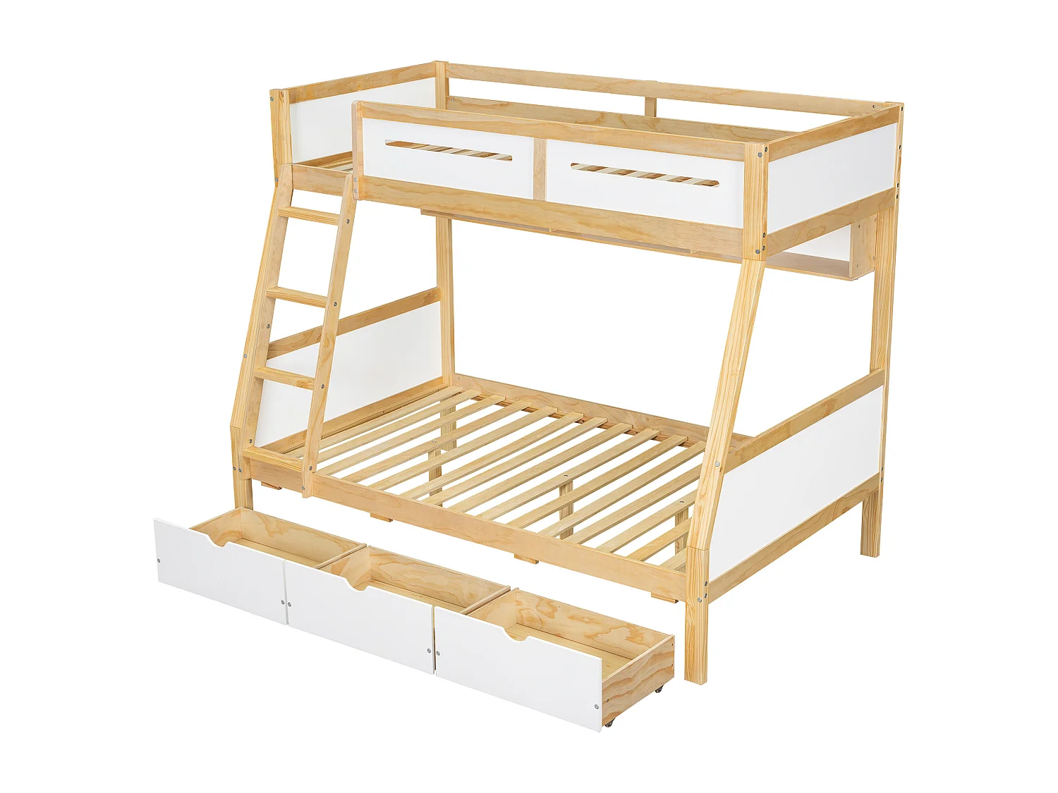 Lit superposé enfant blanc et naturel 90x200cm et 120x200cm avec 3 tiroirs sur roulettes, barrière de sécurité et échelle (sans matelas)