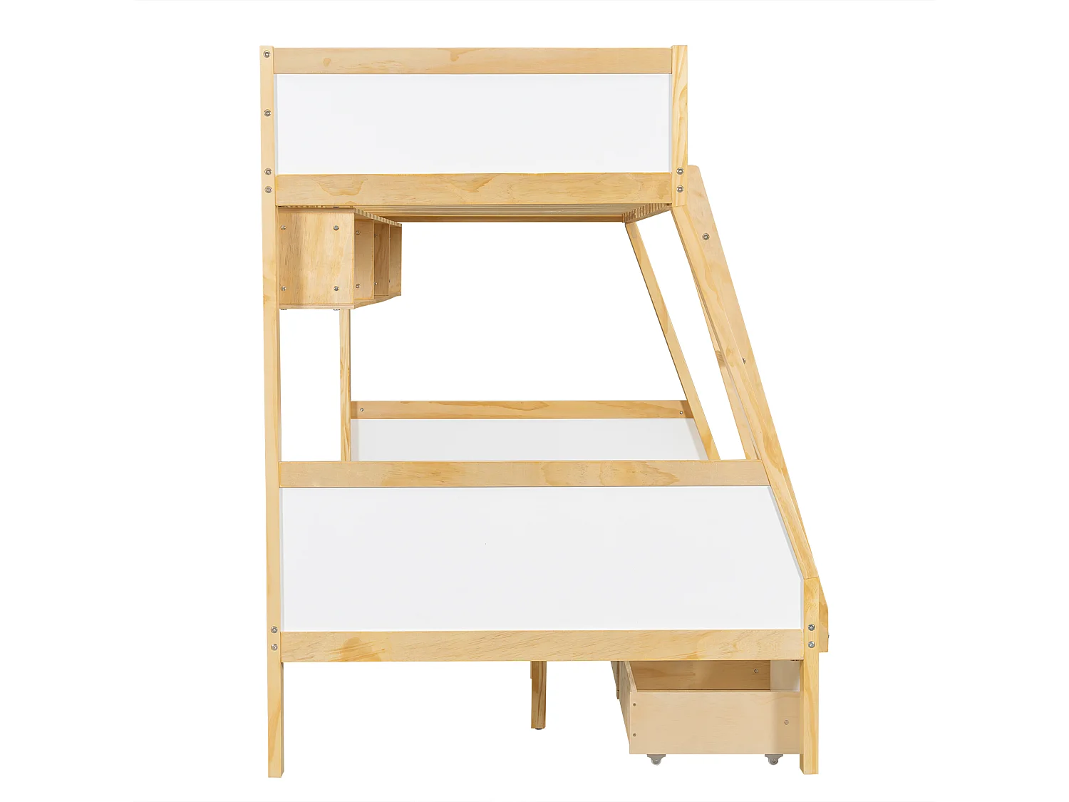 Lit superposé enfant blanc et naturel 90x200cm et 120x200cm avec 3 tiroirs sur roulettes, barrière de sécurité et échelle (sans matelas)