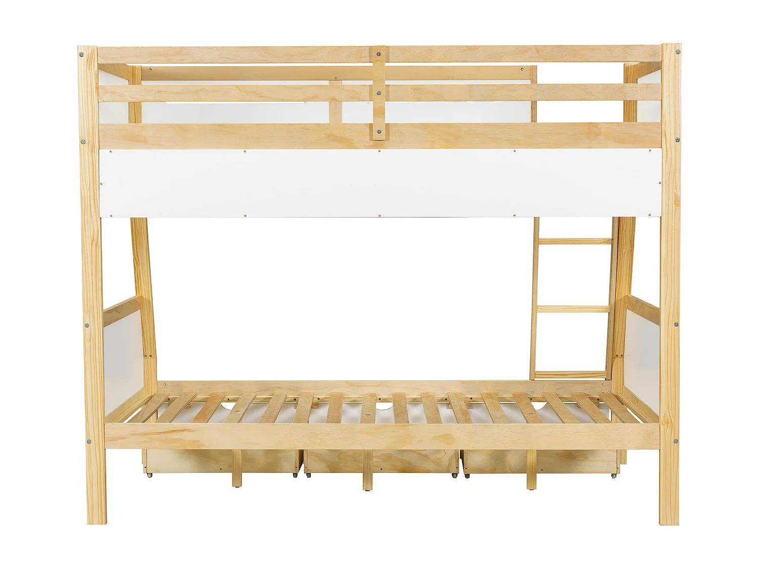 Lit superposé enfant blanc et naturel 90x200cm et 120x200cm avec 3 tiroirs sur roulettes, barrière de sécurité et échelle (sans matelas)