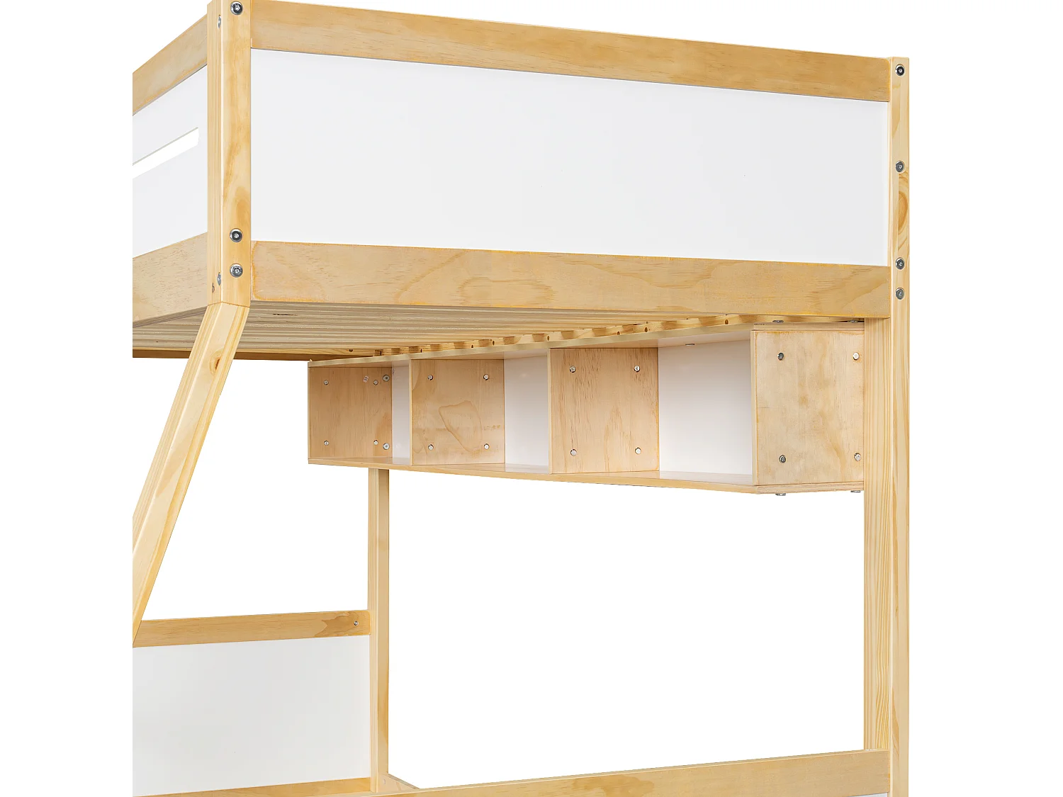 Lit superposé enfant blanc et naturel 90x200cm et 120x200cm avec 3 tiroirs sur roulettes, barrière de sécurité et échelle (sans matelas)