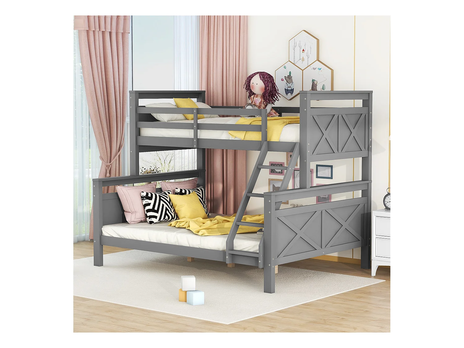 Lit superposé gris 90(140)x200cm avec échelle et barrières de sécurité, transformable en 2 lits séparés (sans matelas)