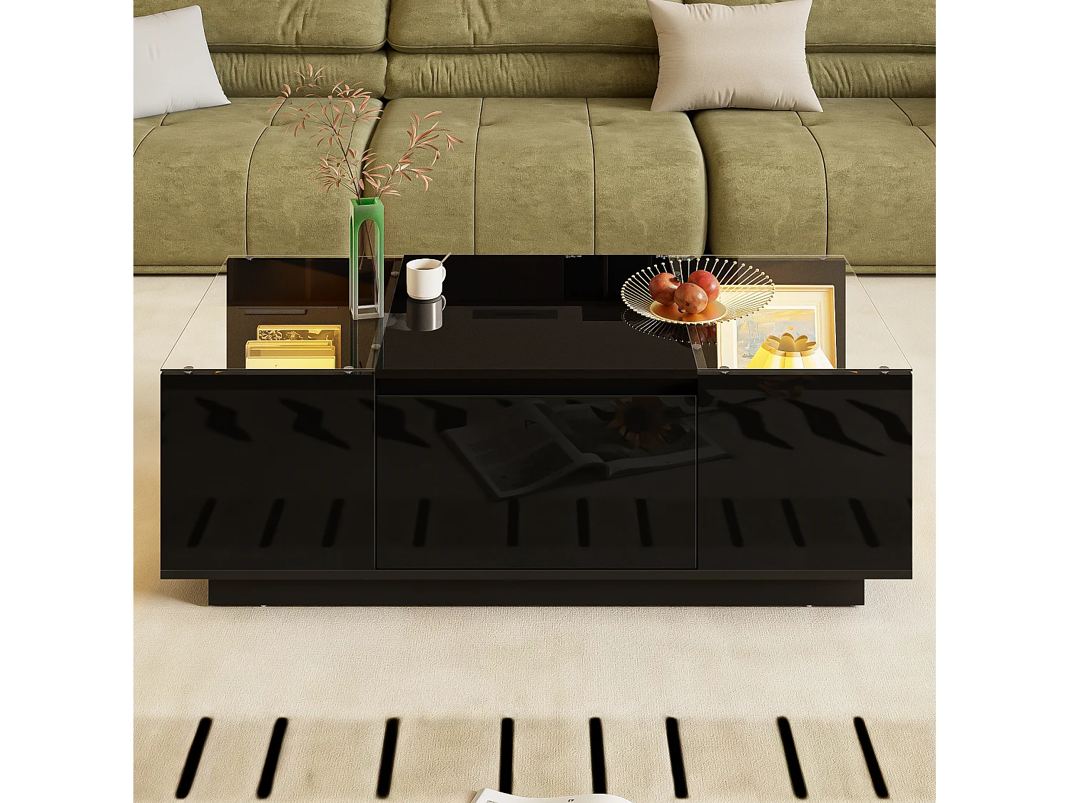 Mesa de centro negra con 2 cajones, iluminación LED y tapa de cristal 105x50x35cm