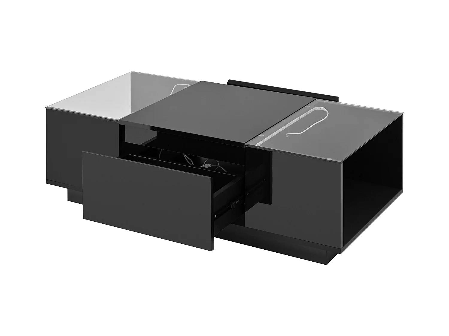 Mesa de centro negra con 2 cajones, iluminación LED y tapa de cristal 105x50x35cm