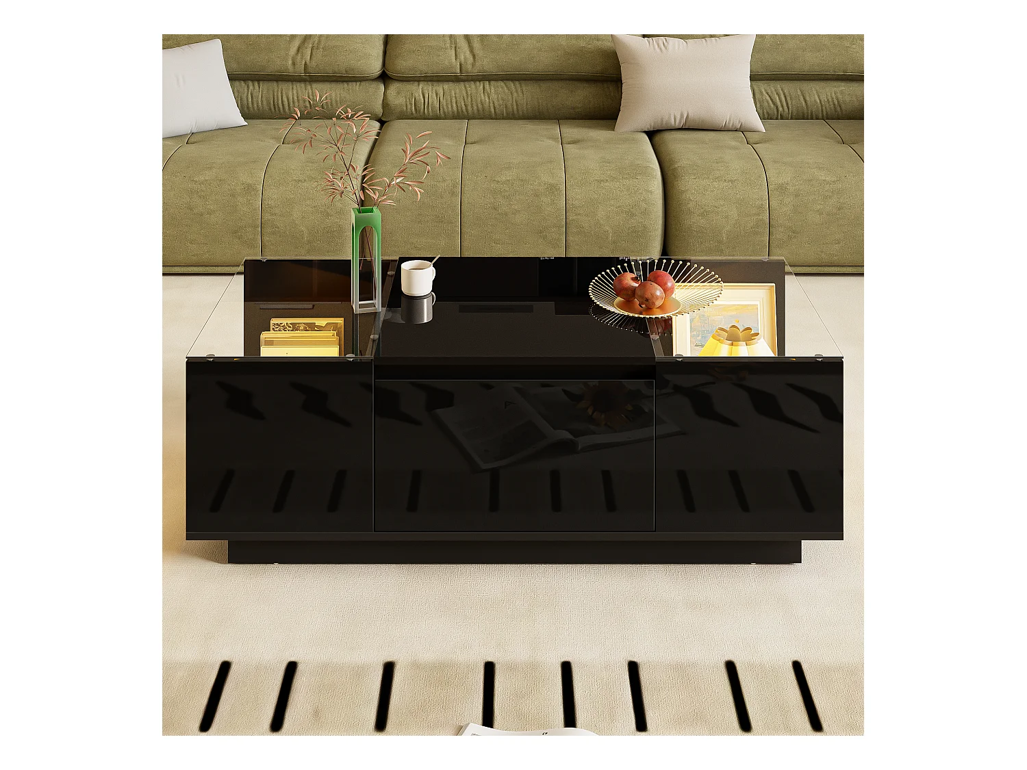 Table basse noire avec 2 tiroirs, éclairage LED et plateau en verre 105x50x35cm